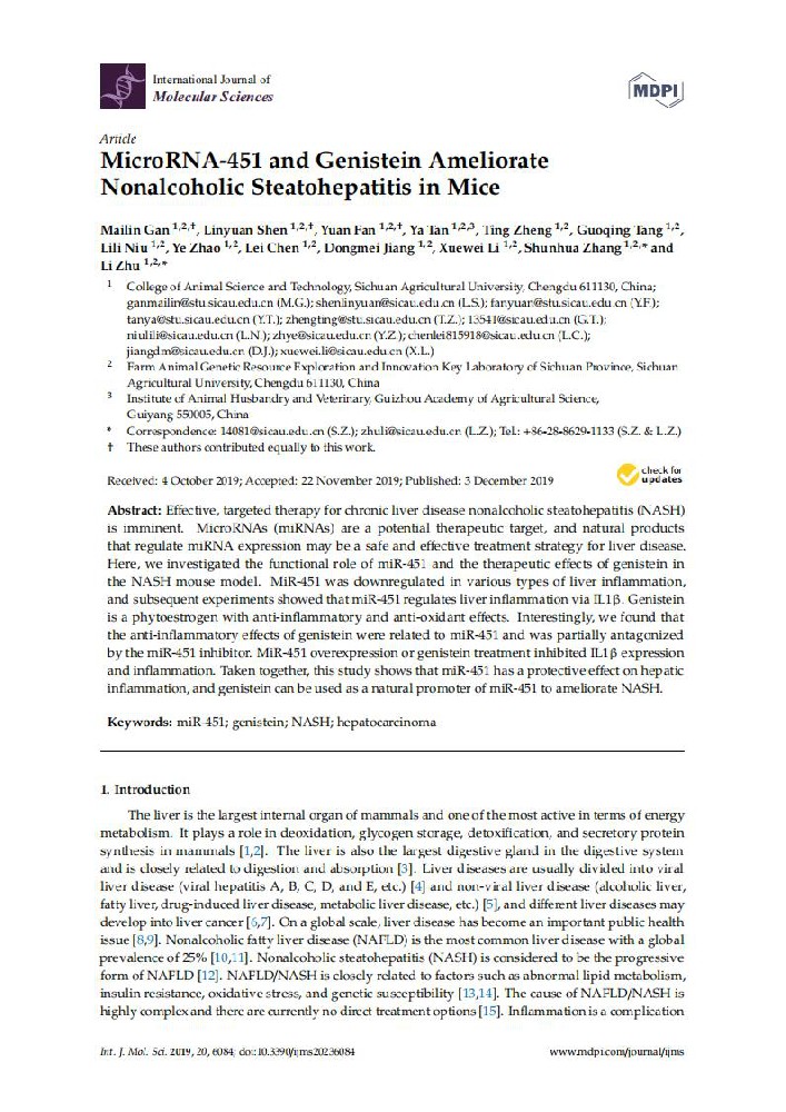 MicroRNA-451 and Genistein Ameliorate Nonalcoholic Steatohepatitis in Mice